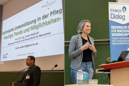 Prof. Frank Wallhoff (Jade Hochschule) und Melanie Philip (care pioneers GmbH) referieren zum Thema Pflege. (Foto: Malte Schmidt, Jade HS) Prof. Frank Wallhoff (Jade Hochschule) und Melanie Philip (care pioneers GmbH) referieren zum Thema Pflege. (Foto: Malte Schmidt, Jade HS)