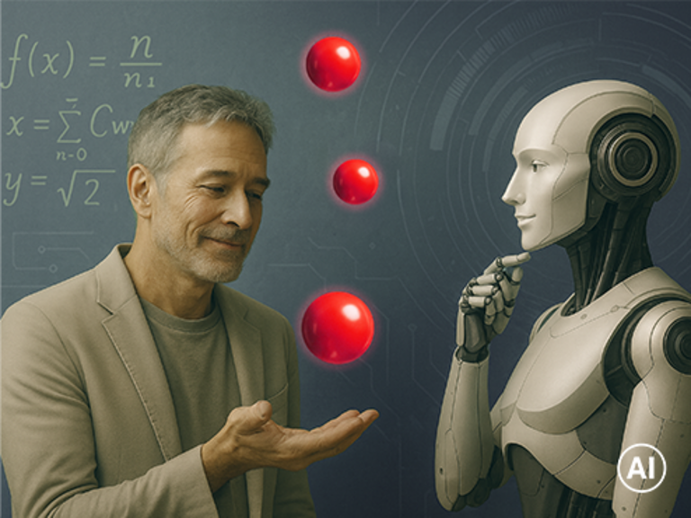 KI-generiertes Bild - Dozent jongliert rote Kugeln und steht humanoiden Roboter gegenüber