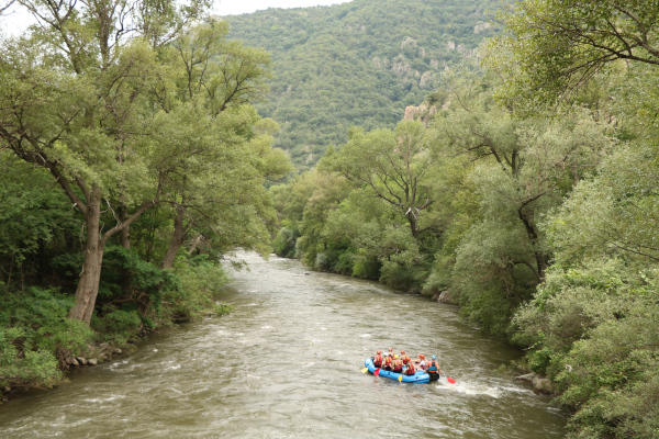 Ein Rafting-Boot in einem Fluss umgeben von Wald