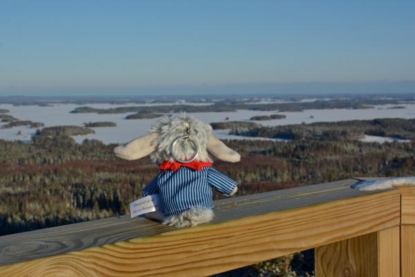 Kuscheltier-Schaf Wolle blickt auf eine verschneite Waldlandschaft